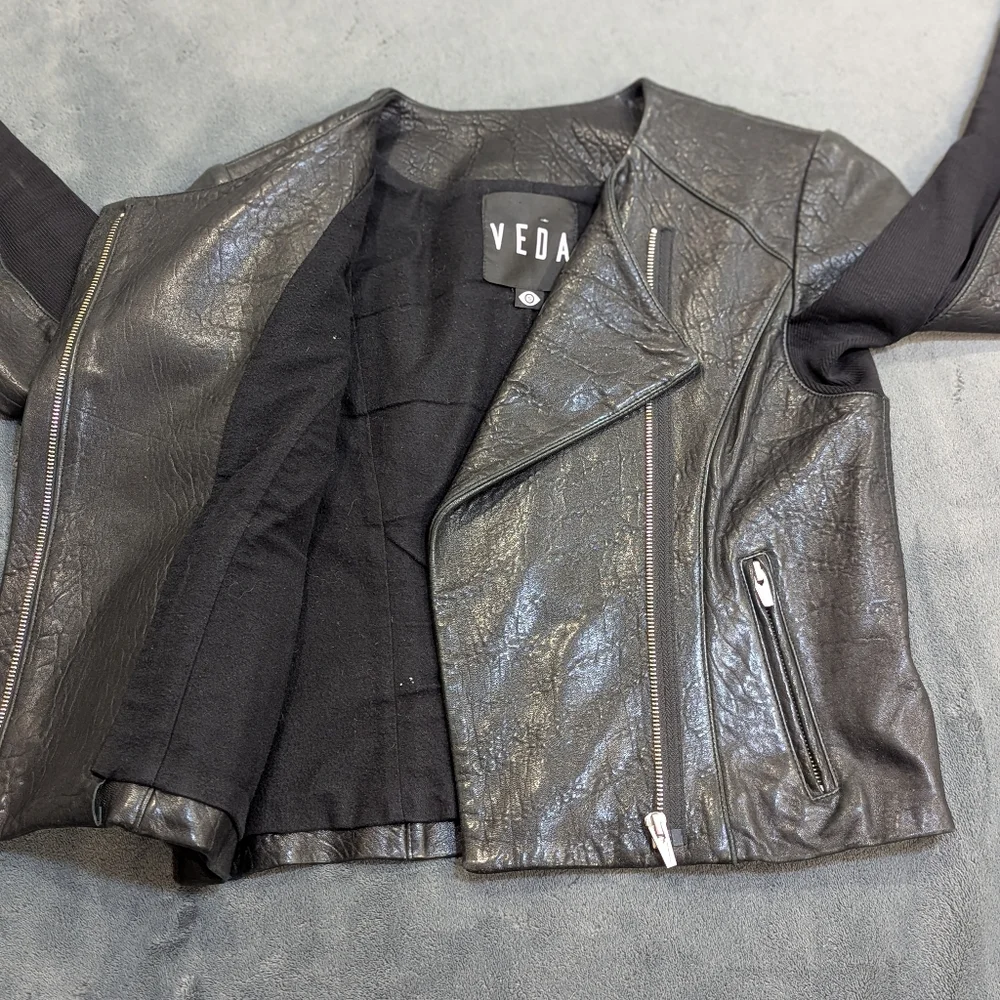 Veda Dallas Leather Motor Jacket Size S Black Stretchy Sleeve Panel Biker 100% L - Picture 7 of 10